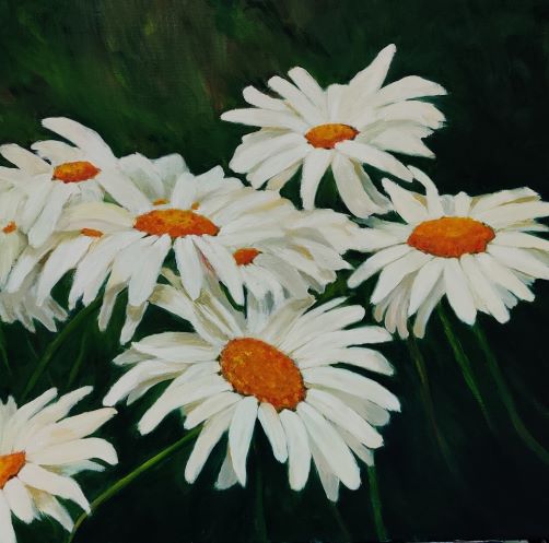 Chrysanthemum Flowers  After the Rains . Oil on canvas painting, framed and ready to hang