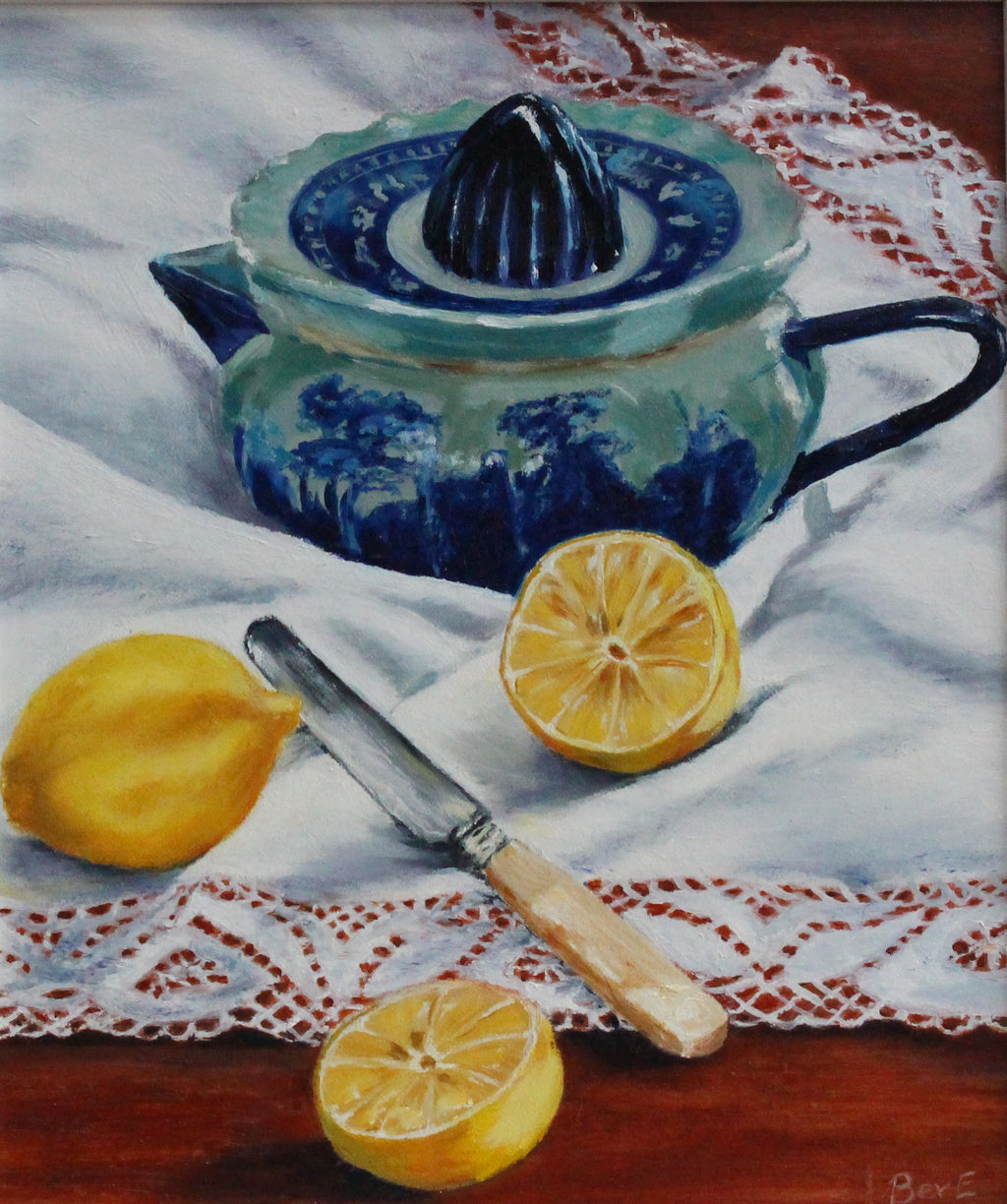 Lemons and Lace. Oil on canvas painting, framed and ready to hang