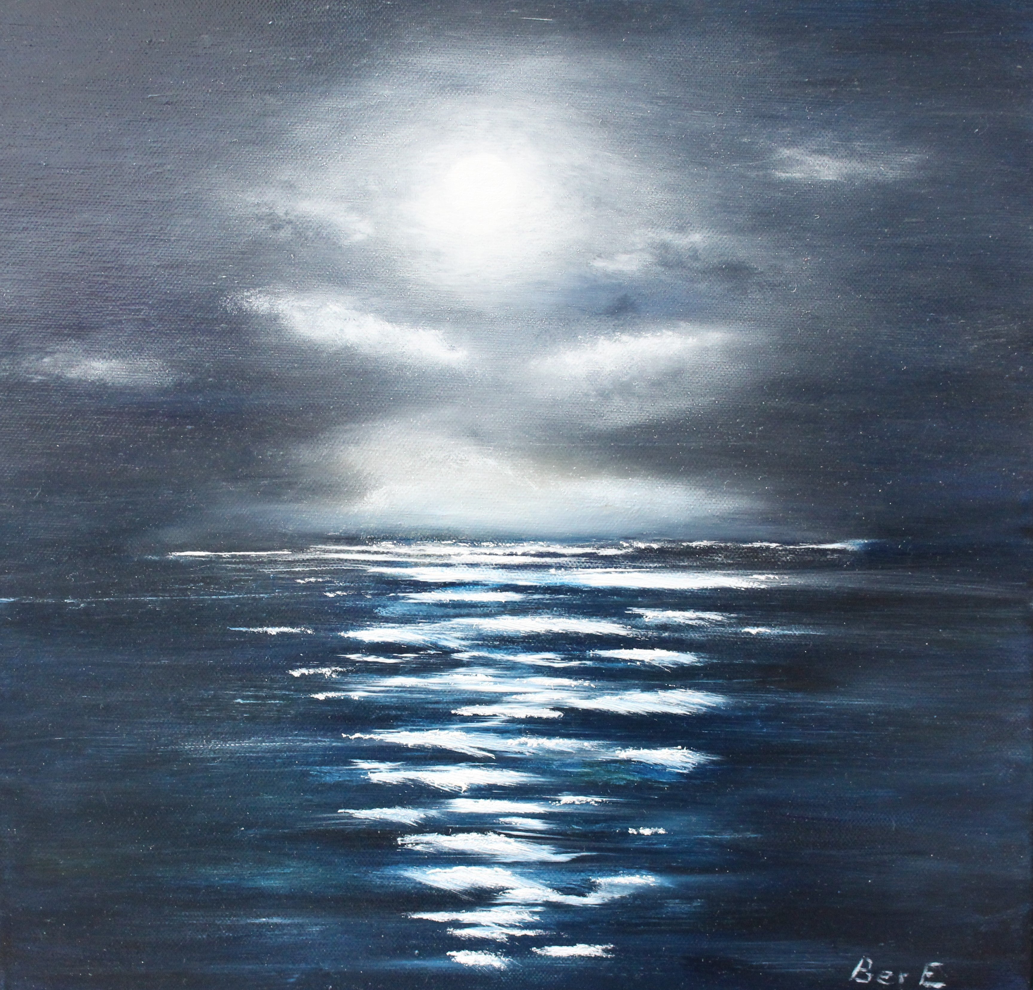 Moonlight at Fenit. Oil on canvas painting, framed and ready to hang